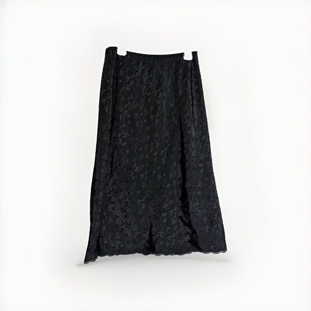 Vintage Barbizon Black Leaf Print Satin Polyester Half Slip Lace Sexy XS/S